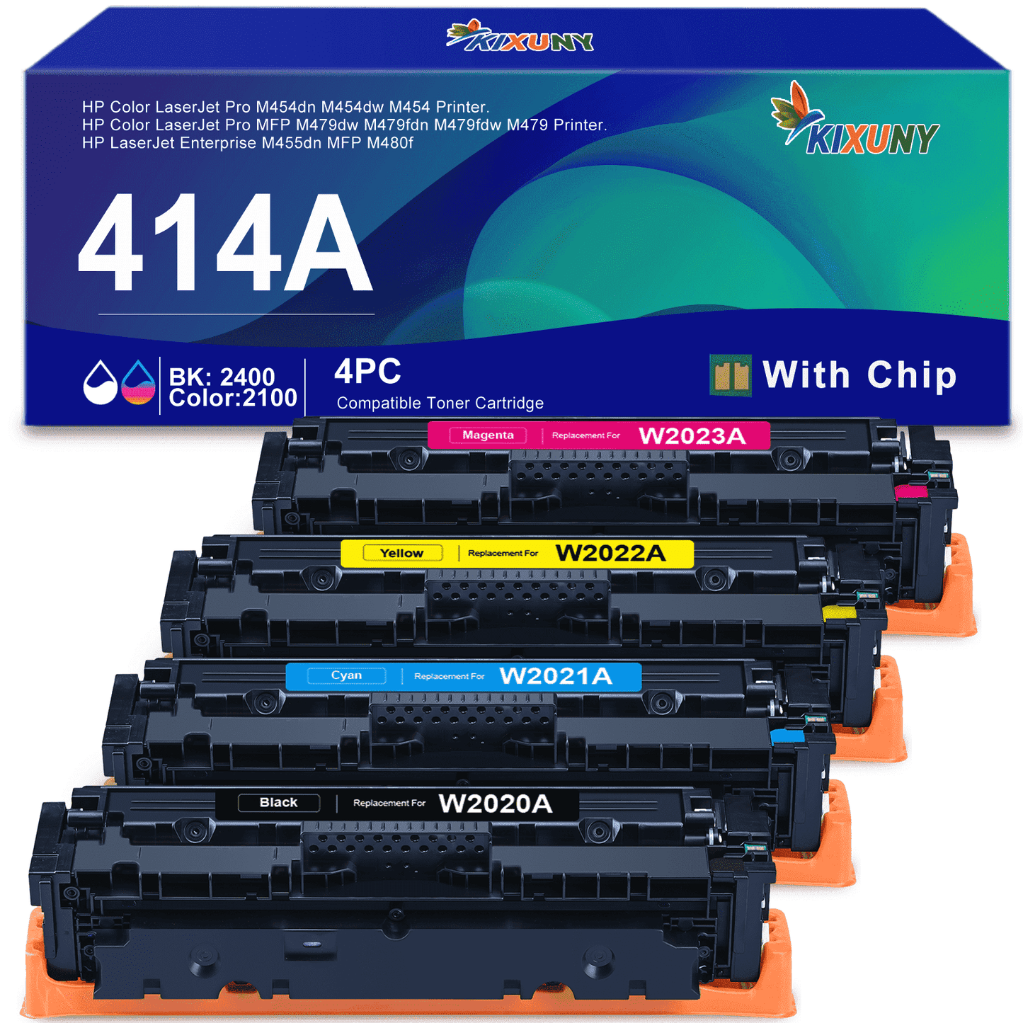 414A Toner Cartridges with Chip Compatible for HP 414A W2020A 414X Compatible with Color Laserjet Pro MFP M479fdw M454dw M454dn M479fdn Enterprise M480f M455dn(4 Pack)