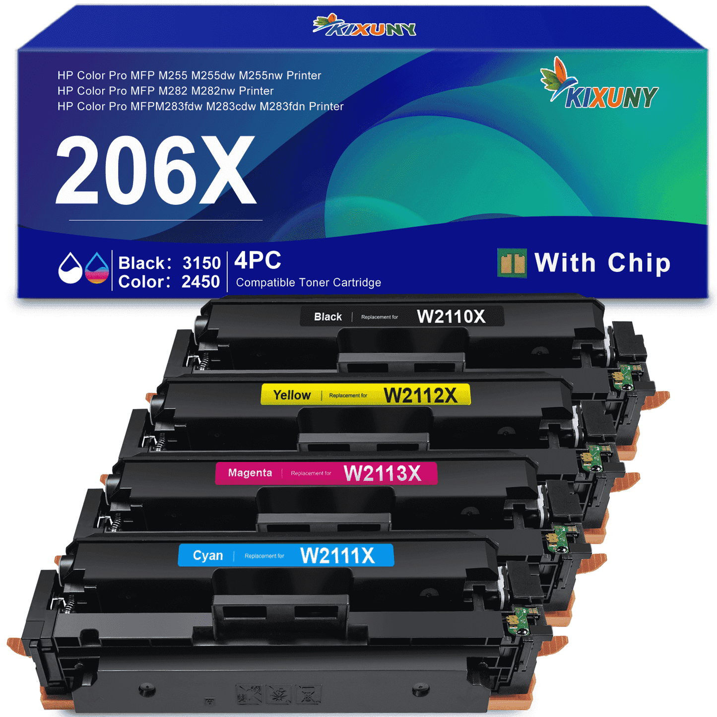 206X Toner Cartridges 4 Pack High Yield (with Chip) Compatible for HP 206X 206A for Color Laserjet Pro MFP M283fdw M283cdw M283fdn M282nw Printer