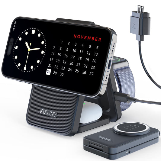 3 in 1 Wireless Charging Station for Magsafe Charger Stand, KIXUNY Wireless Charger 3 in 1, Foldable Travel Charger 3 in 1 for iPhone15/14/13/12 and Apple Watch/AirPods/(Adapter Included)