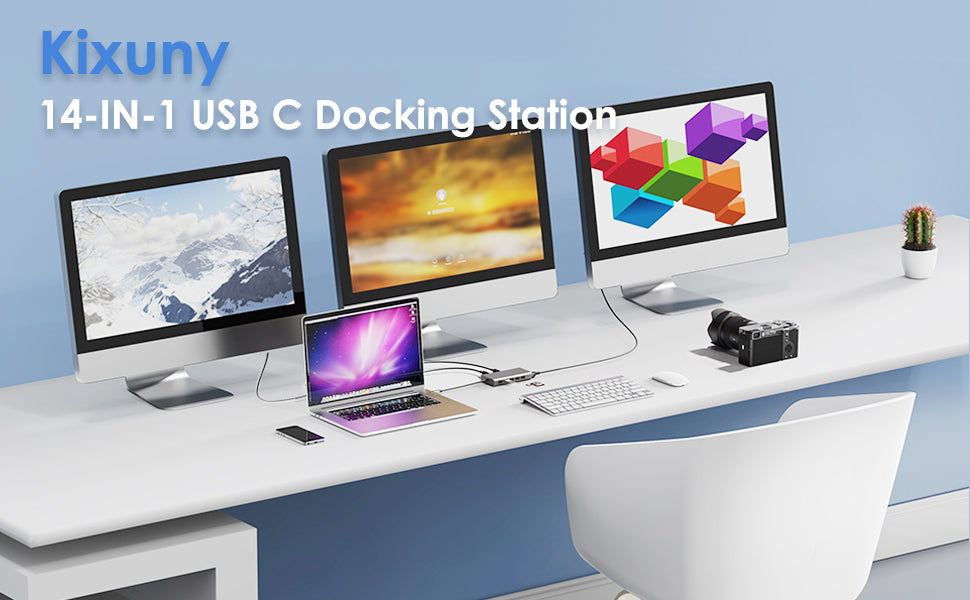 Kixuny USB C Docking Station Dual Monitor, 14-in-1 Triple Display Laptop Docking Station with Wireless Charging+2 HDMI 4K+VGA+Ethernet+100W PD+SD/TF+Audio+5 USB Work for Dell/HP/Lenovo Computer