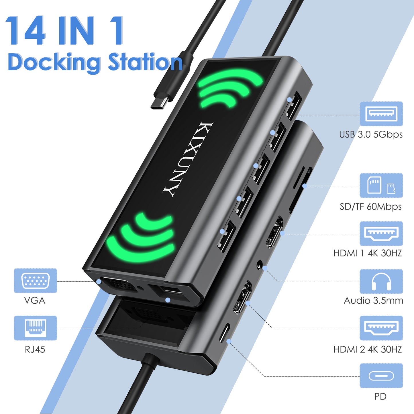 Kixuny USB C Docking Station Dual Monitor, 14-in-1 Triple Display Laptop Docking Station with Wireless Charging+2 HDMI 4K+VGA+Ethernet+100W PD+SD/TF+Audio+5 USB Work for Dell/HP/Lenovo Computer