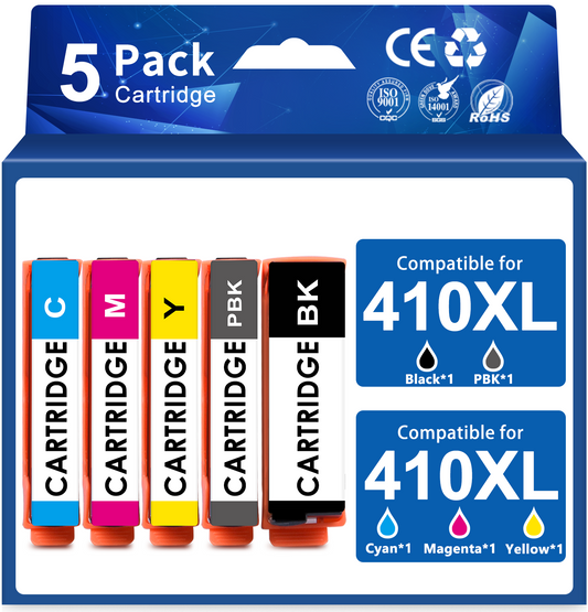 KIXUNY 410XL Ink Cartridges Compatible for Epson 410 Ink Cartridges (Black/Photo Black/Cyan/Magenta/Yellow, 5 Pack)