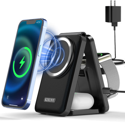 3 in 1 Wireless Charging Station Fits for Magsafe Charger, KIXUNY Wireless Charger 3 in 1, Foldable Travel Charger for Multiple Devices for iPhone 15/14/13/12/Apple Watch/AirPods/(Adapter Included)