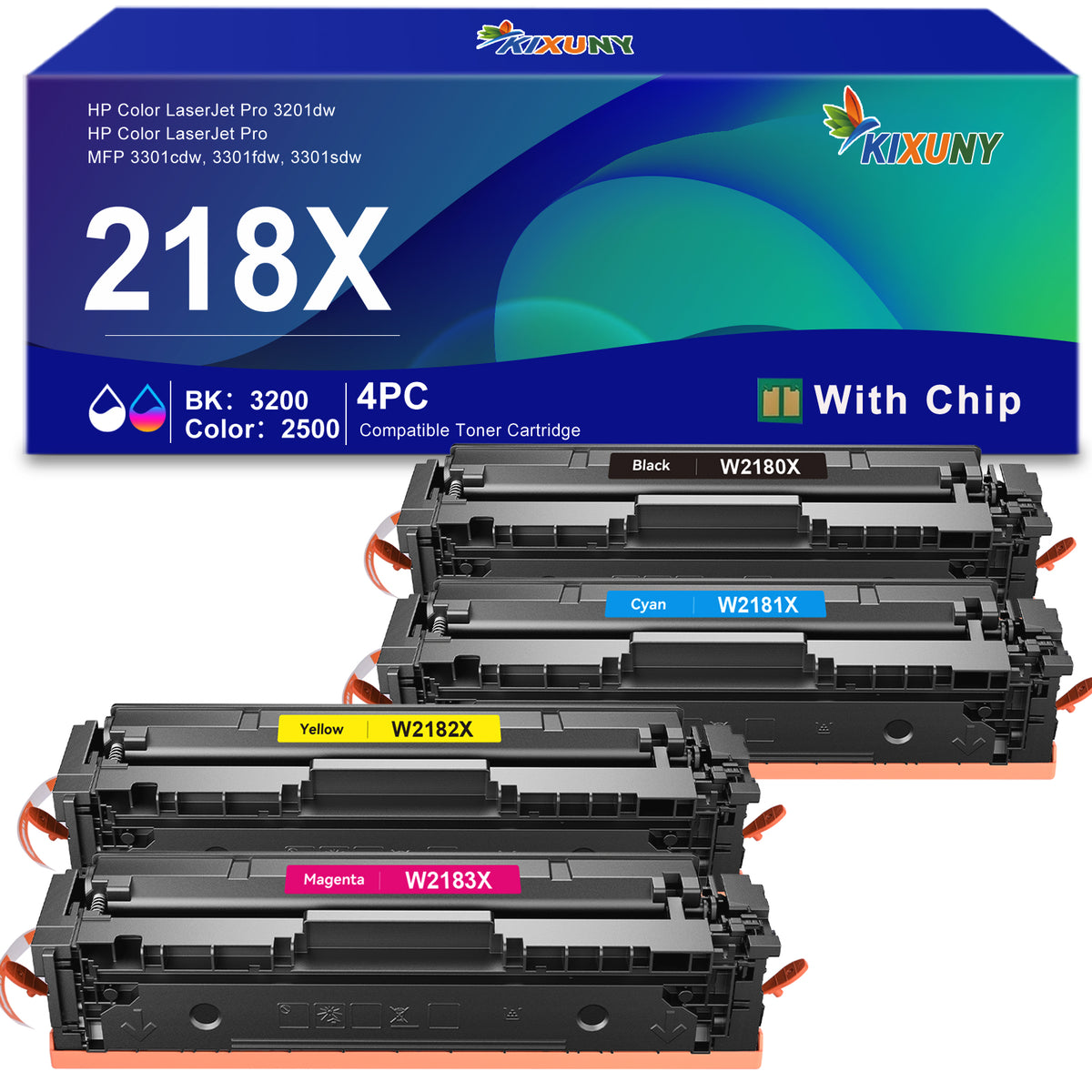 218X Toner Cartridge 4 Pack Compatible for HP  218X toner cartridge W2180X W2181X used with LaserJet Pro 3201, MFP 3301 Printer (Black,Cyan, Magenta, Yellow)